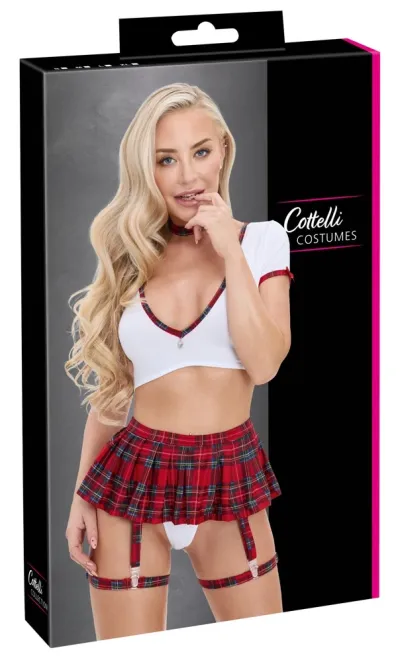Kostým školačky Cottelli COSTUMES, kostkovaný crop top a sukně se šlemi, XL