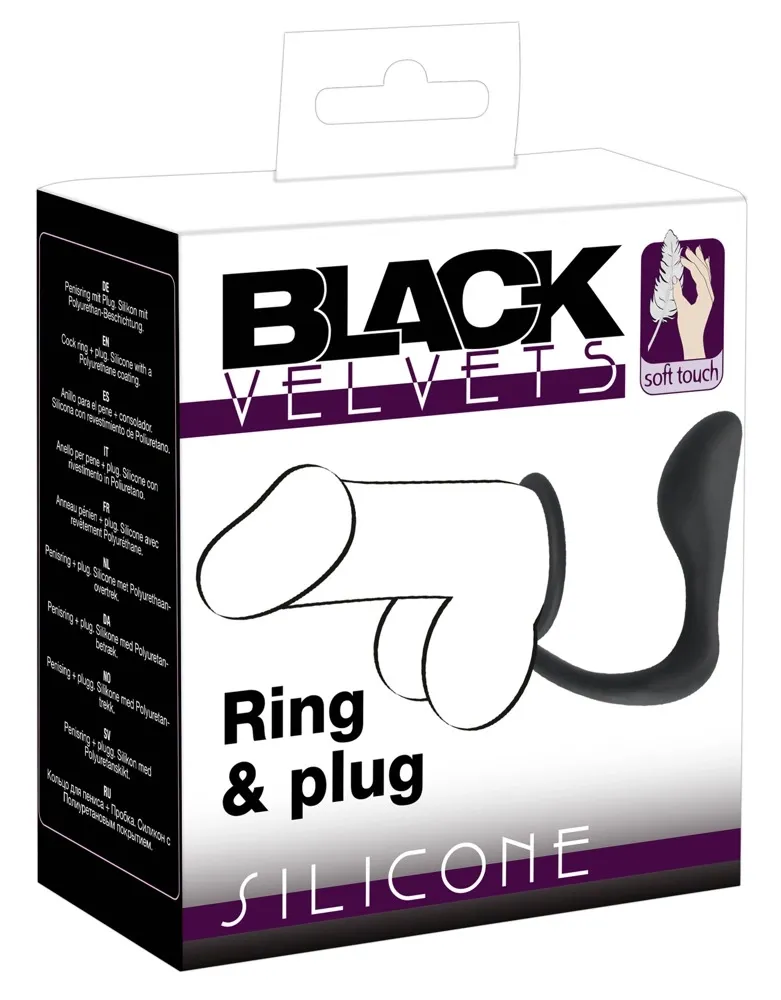 Erekční kroužek s análním kolíkem Black Velvets Duo System, silikon, černý