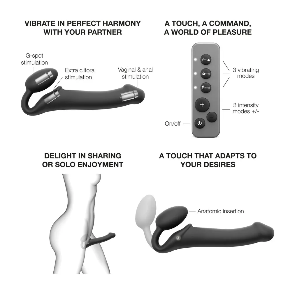 Vibrační strap-on Strap-On-Me Vibrating Bendable, 3 motory, černý, 15,2 cm - obrázek 8