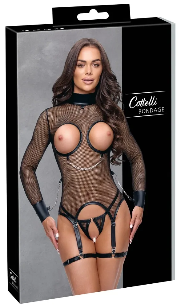 Síťovaný komplet Cottelli Bondage s řetízky, top s dlouhým rukávem a tanga, černý, S