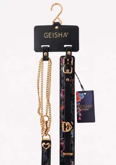 Obojek s vodítkem GEISHA Floral Jacquard, veganská kůže, černý - obrázek 9