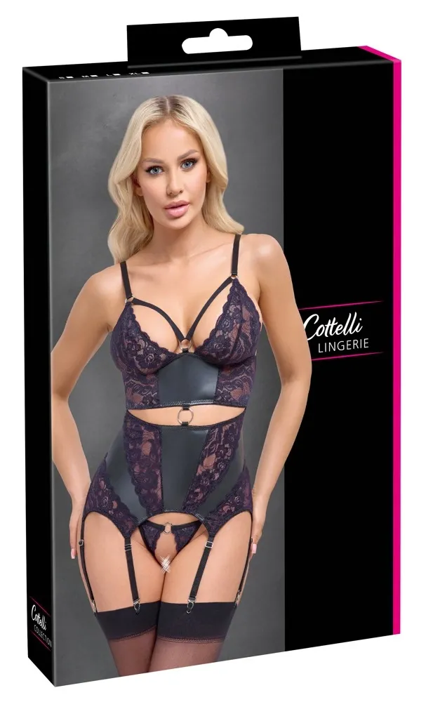 Komplet Cottelli Lingerie, korzet s podvazky a tanga, černý s fialovou krajkou, M