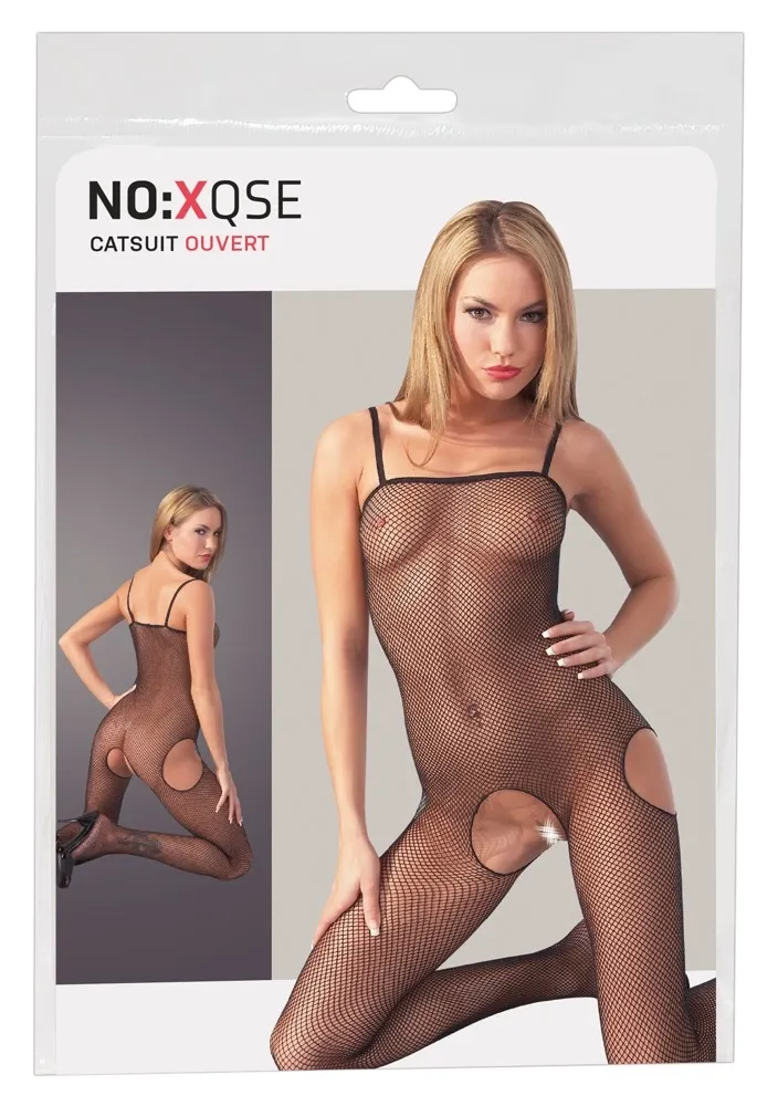 Síťový bodystocking Cottelli Collection s otevřenými boky, černý, S/M