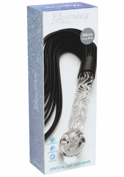 Kožené důtky TOYJOY Crystal Leather Whip se skleněnou rukojetí, 66 cm - obrázek 2