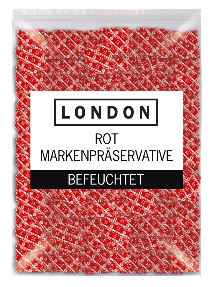 Kondomy London Red s jahodovou příchutí, červené, 56 mm, 1000 ks
