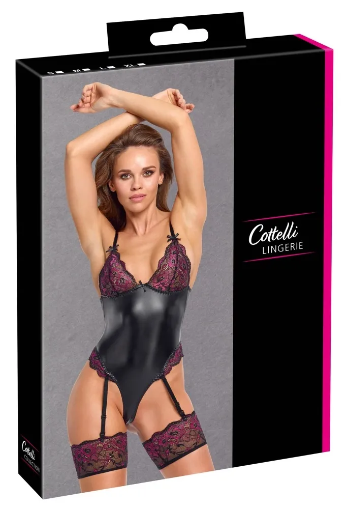Body s podvazky Cottelli Lingerie, krajka, černo-růžové, L