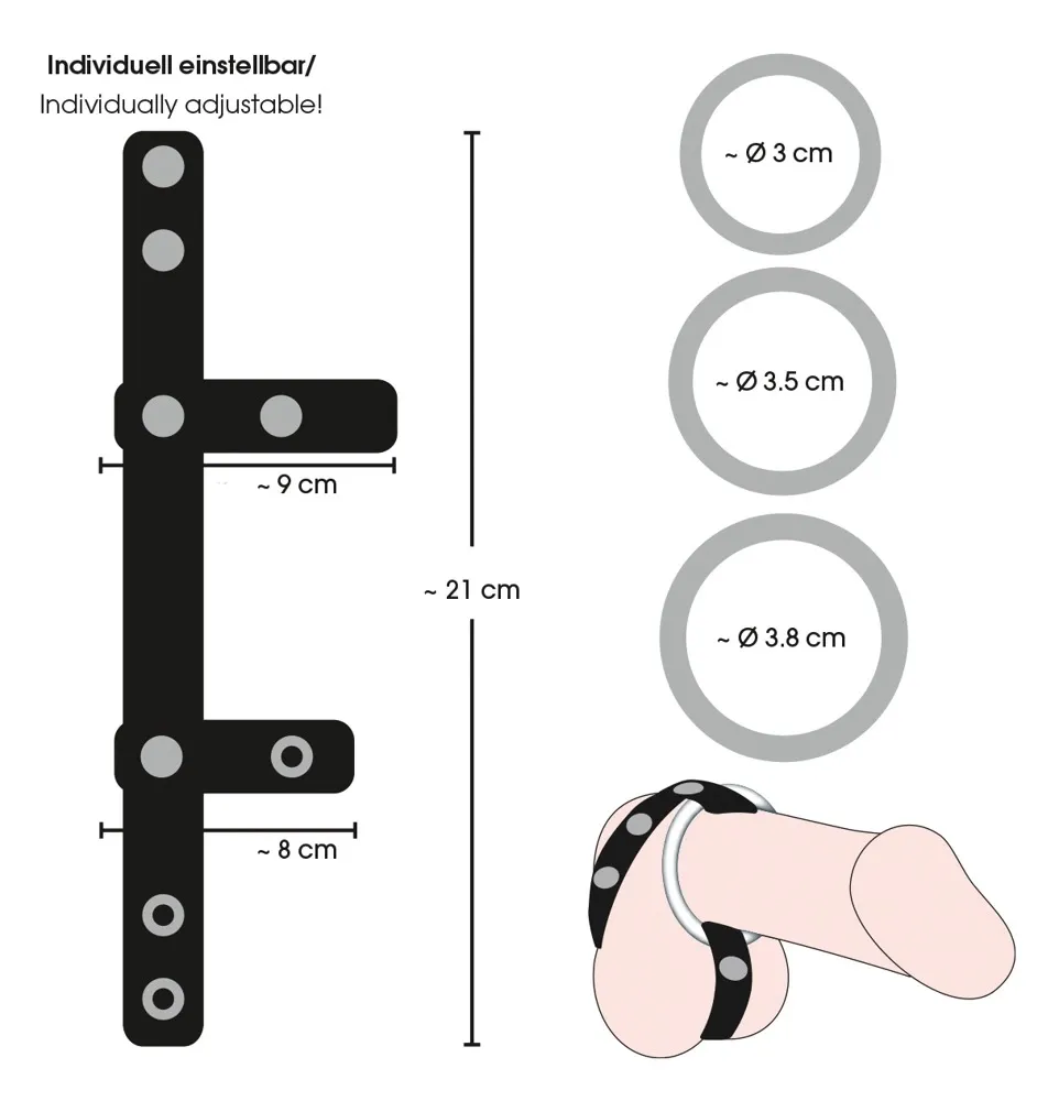 Nastavitelný erekční řemínek se 3 kovovými kroužky You2Toys, černý, 21 cm - obrázek 7