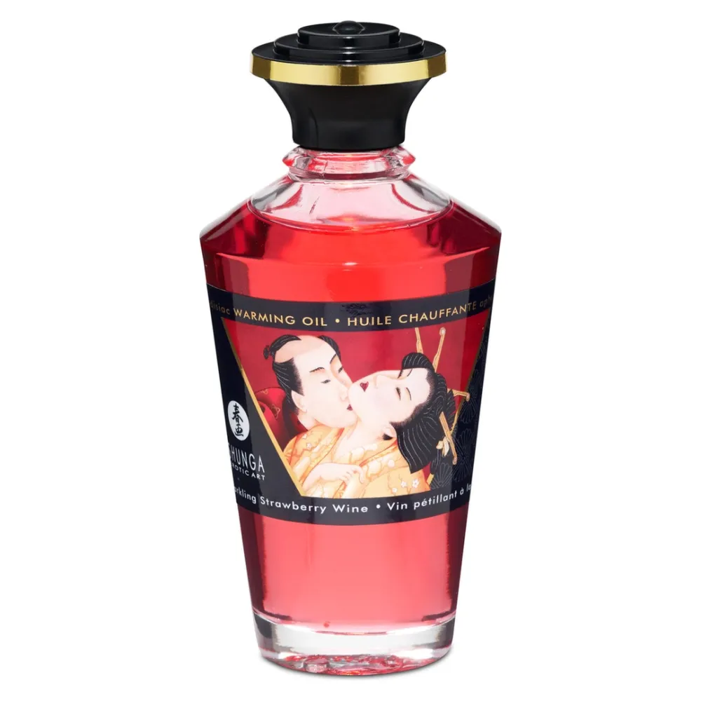 Hřejivý masážní olej Shunga s příchutí jahod a cavy, 100 ml - obrázek 3