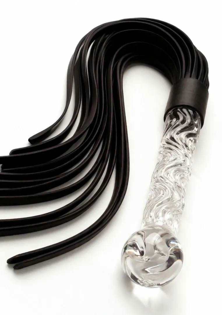 Kožené důtky TOYJOY Crystal Leather Whip se skleněnou rukojetí, 66 cm