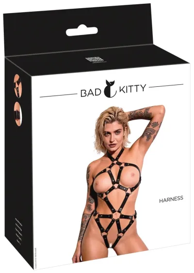 Postroj na tělo Bad Kitty Metall Harness z umělé kůže, nastavitelný, černý, S-L