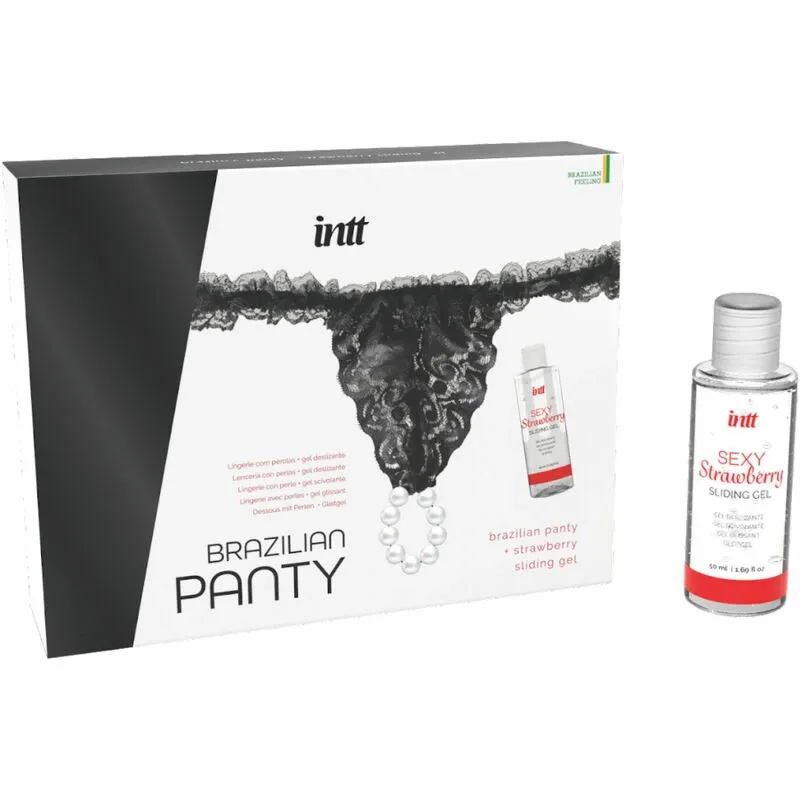 Perlová tanga INTT Brazilian Panty, černá, s jahodovým lubrikačním gelem 50 ml - obrázek 2
