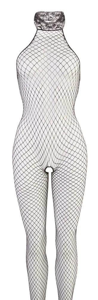 Síťový catsuit Cottelli Collection s krajkovým límečkem, otevřený, černý, S/M - obrázek 5