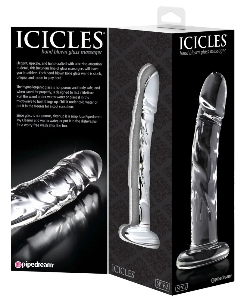 Skleněné dildo Icicles No. 62 s žilkami, čiré - obrázek 4