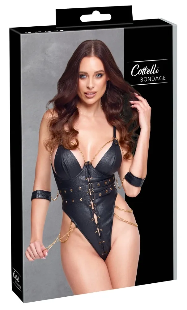 Body Cottelli Bondage z umělé kůže se zlatými řetízky a pouty, XL, černé