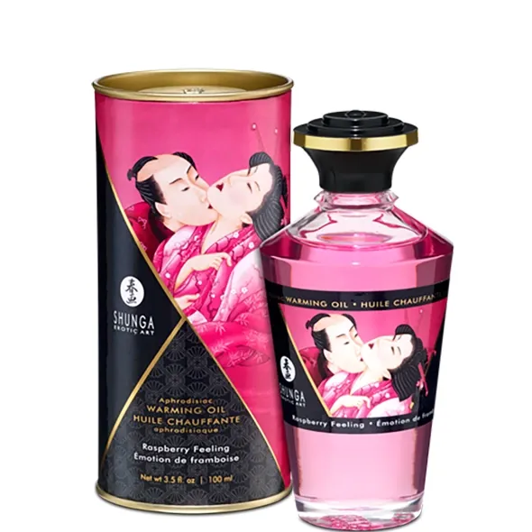 Hřejivý masážní olej Shunga s příchutí maliny, 100 ml