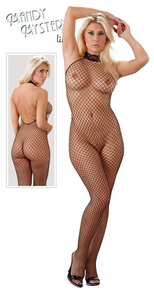 Síťový catsuit Cottelli Collection s krajkovým límečkem, otevřený, černý, S/M - obrázek 7