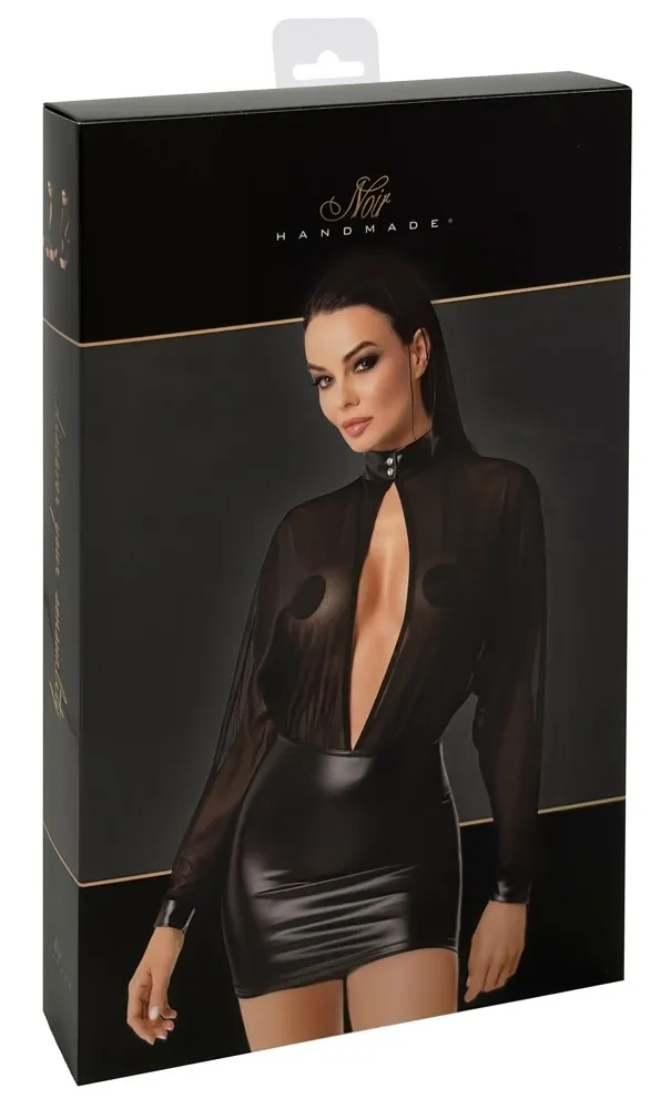 Mini šaty Noir Handmade Orgia, tyl a powerwetlook, černé, L
