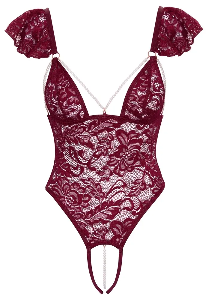 Krajkové body Cottelli Lingerie Body Pearls s odnímatelnými perlami, bordó, S - obrázek 6
