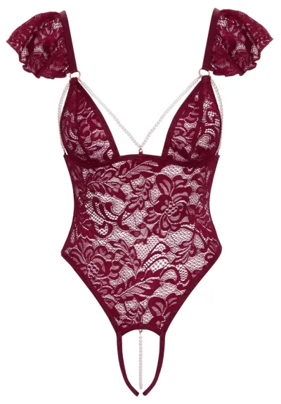 Krajkové body Cottelli Lingerie Body Pearls s odnímatelnými perlami, bordó, S - obrázek 6