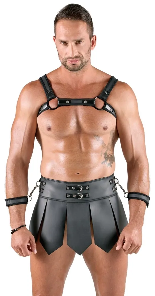 Gladiátorský set Svenjoyment Bondage, sukně, postroj na hrudník a pouta, černý, XL - obrázek 2