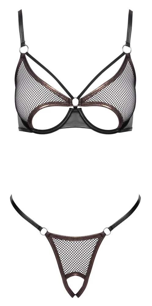 Komplet Cottelli LINGERIE, podprsenka a otevřená tanga, černá síťovina, měděné lemy, S - obrázek 7