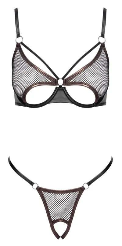 Komplet Cottelli LINGERIE, podprsenka a otevřená tanga, černá síťovina, měděné lemy, S - obrázek 7