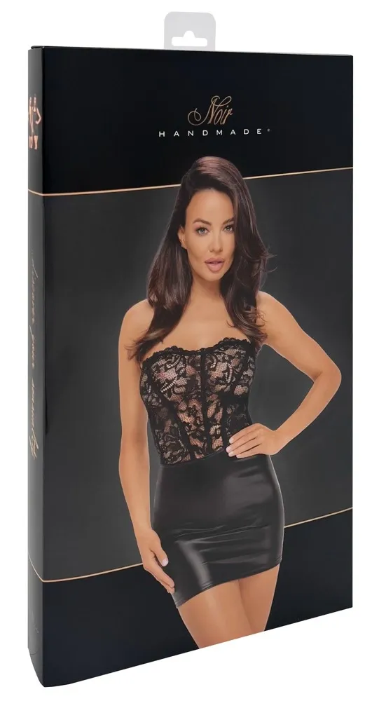 Mini šaty Noir Handmade Tube Dress, krajka a powerwetlook, šněrování, černé, S