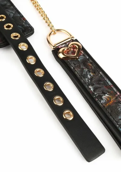 Obojek s vodítkem GEISHA Floral Jacquard, veganská kůže, černý - obrázek 4