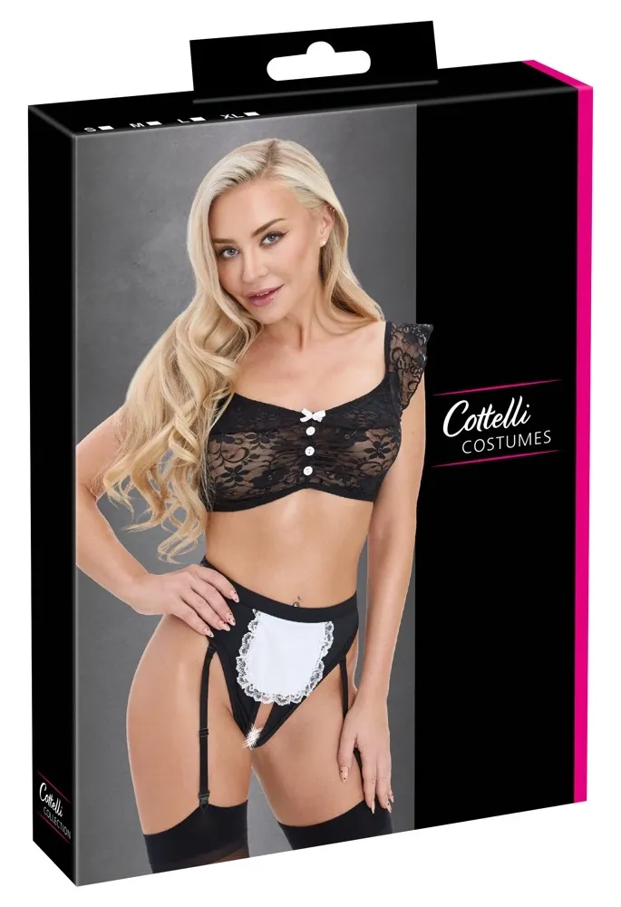 Kostým služky Cottelli COSTUMES, krajkový top a tanga s podvazky, černobílý, XL