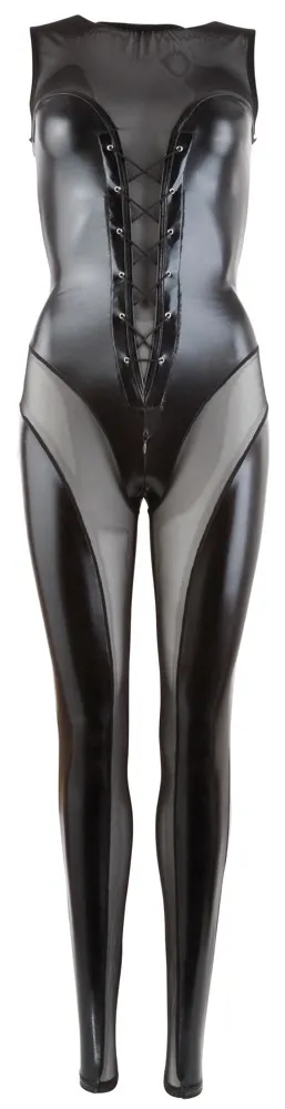 Wetlook overal Cottelli Collection s průsvitným powernetem a šněrováním, černý, S - obrázek 6