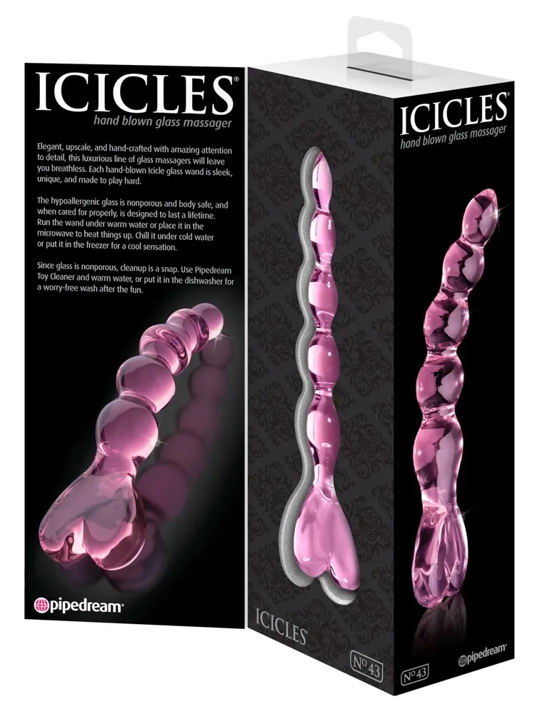 Skleněné dildo Icicles No. 43 s rukojetí ve tvaru srdce, růžové - obrázek 5