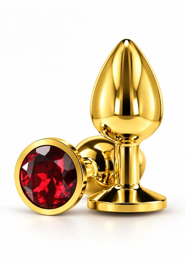 Anální kolík s kamínkem TABOOM Diamond Jewel M, zlatý hliník, červený krystal