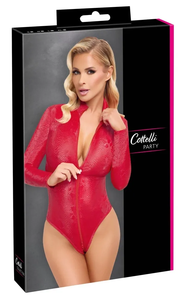 Body Cottelli PARTY s hadím vzorem, dlouhé rukávy a stojáček, červené, S