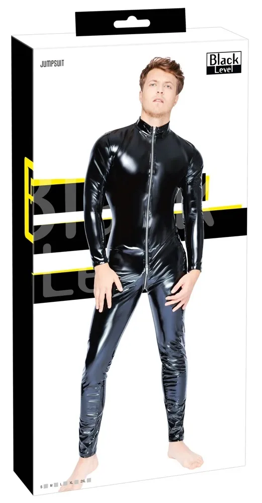 Lesklý vinylový overal Black Level s třícestným zipem, černý, S