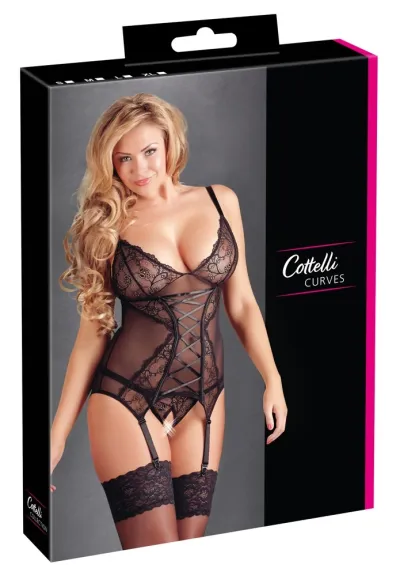 Krajková souprava Cottelli Collection, top s podvazky a tanga, černá, 3XL