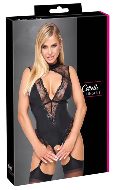 Body Cottelli LINGERIE s podvazky a otevřeným rozkrokem, wetlook a flitry, černé, S