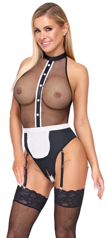 Body pokojské Cottelli COSTUMES Maid Body s podvazky a zástěrkou, černobílé, S - obrázek 3