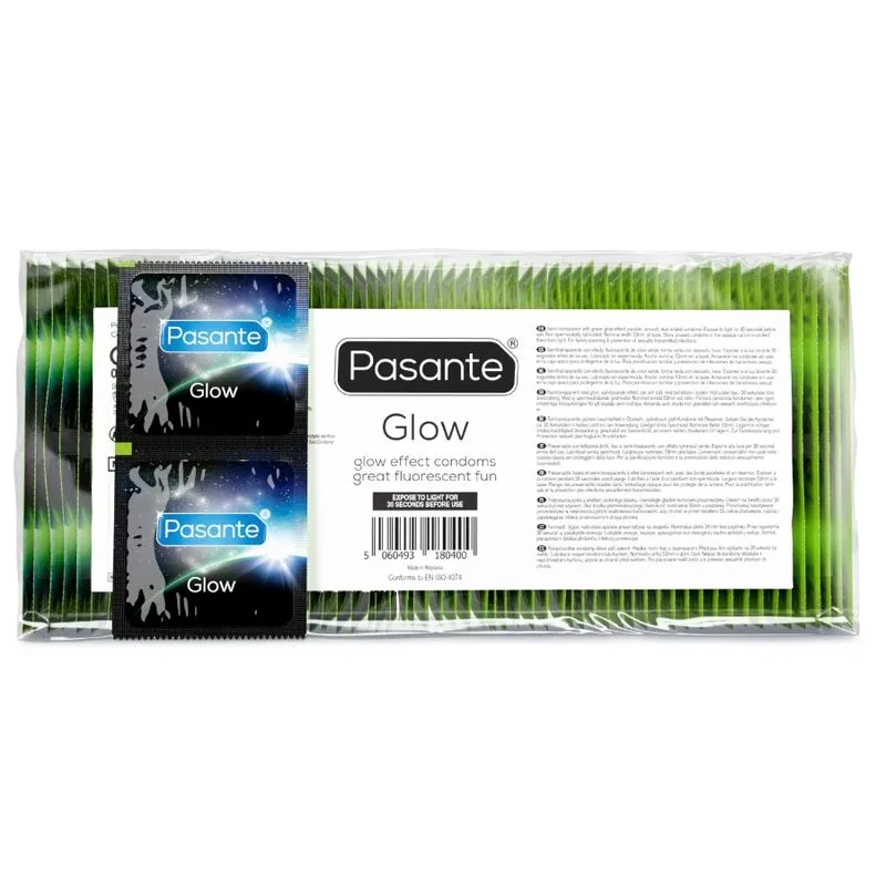 Svítící kondomy Pasante Glow, zelené, 53 mm, 144 ks