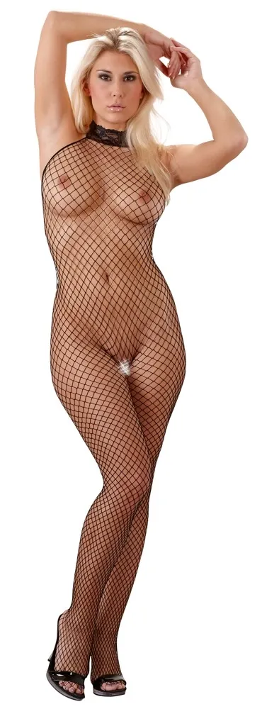 Síťový catsuit Cottelli Collection s krajkovým límečkem, otevřený, černý, S/M - obrázek 2