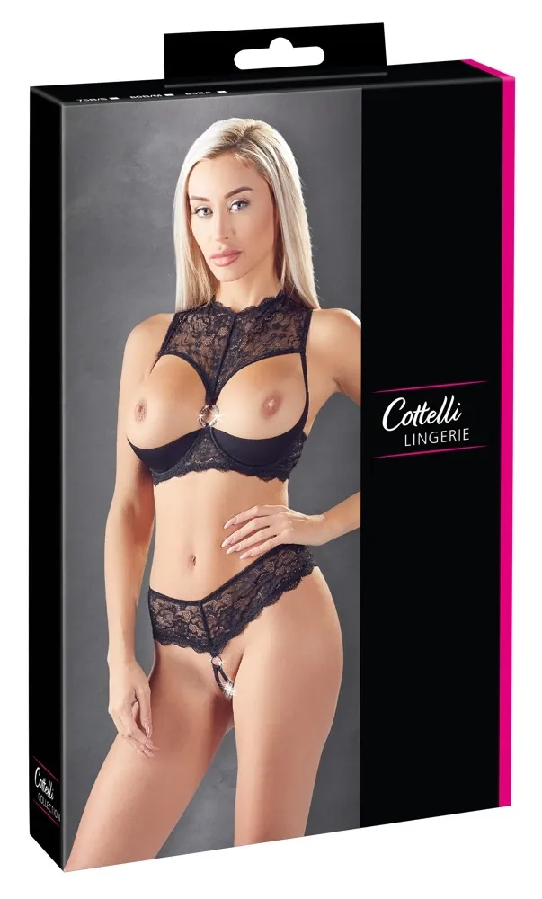 Komplet s otevřenou podprsenkou a tangy Cottelli Collection, černý, 75B/S