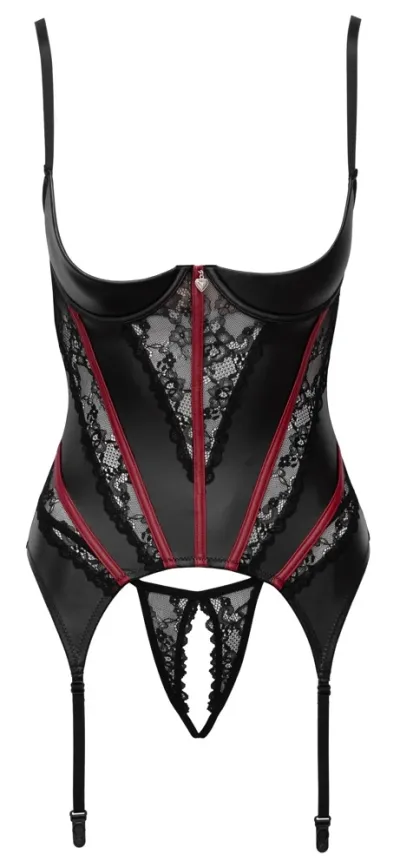 Komplet Cottelli LINGERIE, korzet s polovičními košíčky a krajková tanga, černočervený, S - obrázek 6