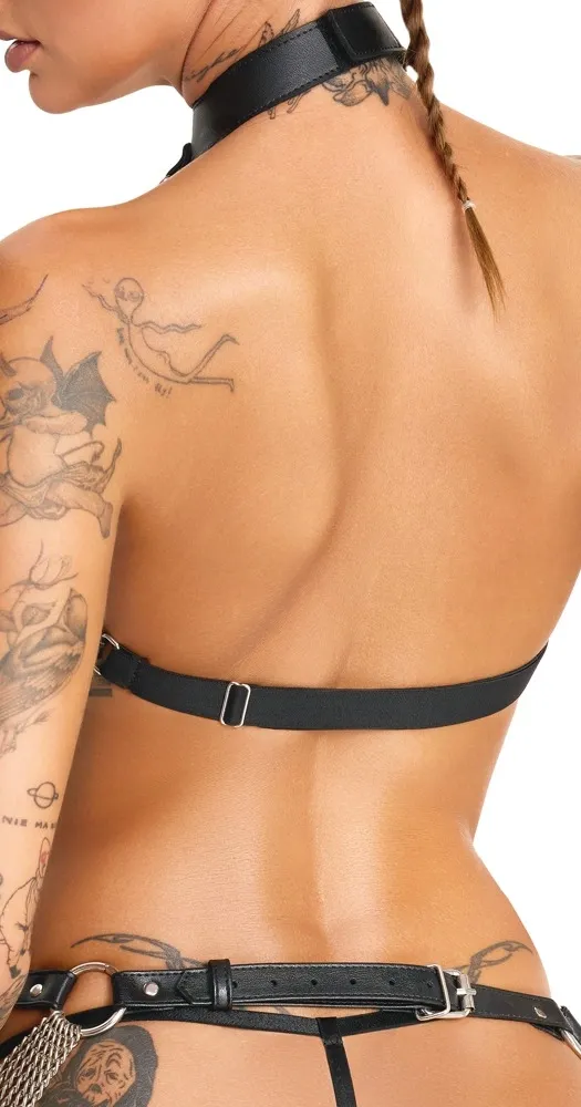 Sada postrojů Bad Kitty Harness z umělé kůže s řetízky, 3 díly, černá, S-L - obrázek 8
