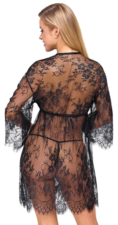 Krajkové kimono Cottelli LINGERIE se saténovou stužkou a tangami, černé, S/M - obrázek 4