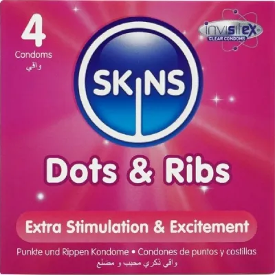 Vroubkované kondomy Skins Dots & Ribs, 4 ks