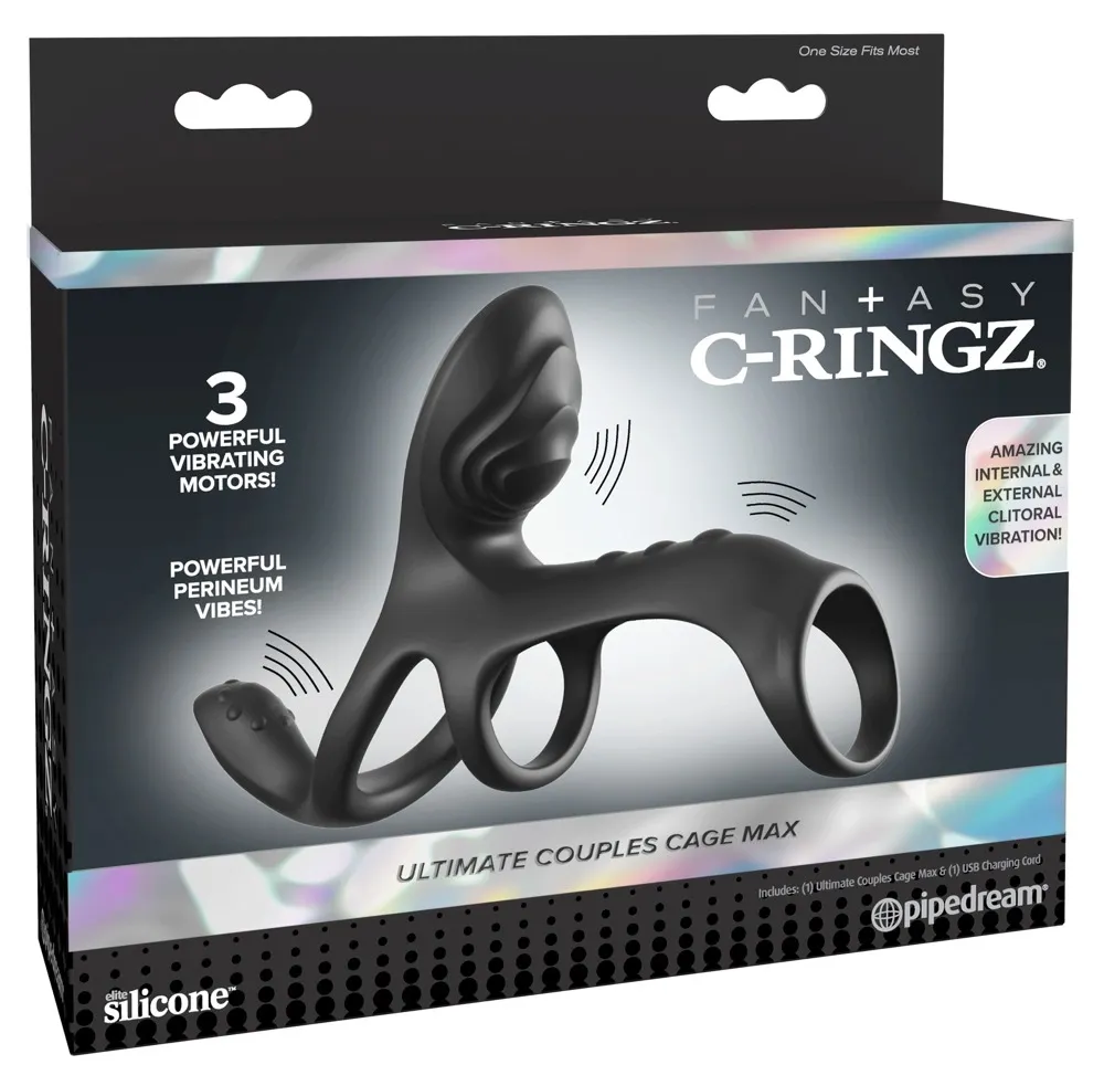 Vibrační erekční kroužek pro páry Fantasy C-Ringz Ultimate Couples Cage Max, 19,5 cm