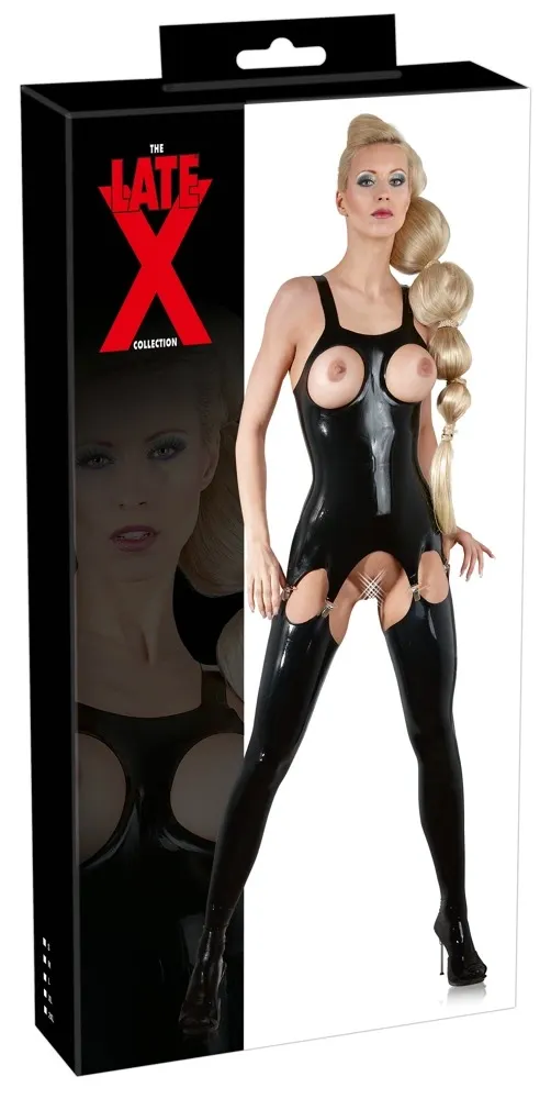 Latexový živůtek Black Level s otevřenými košíčky a podvazky, černý, S