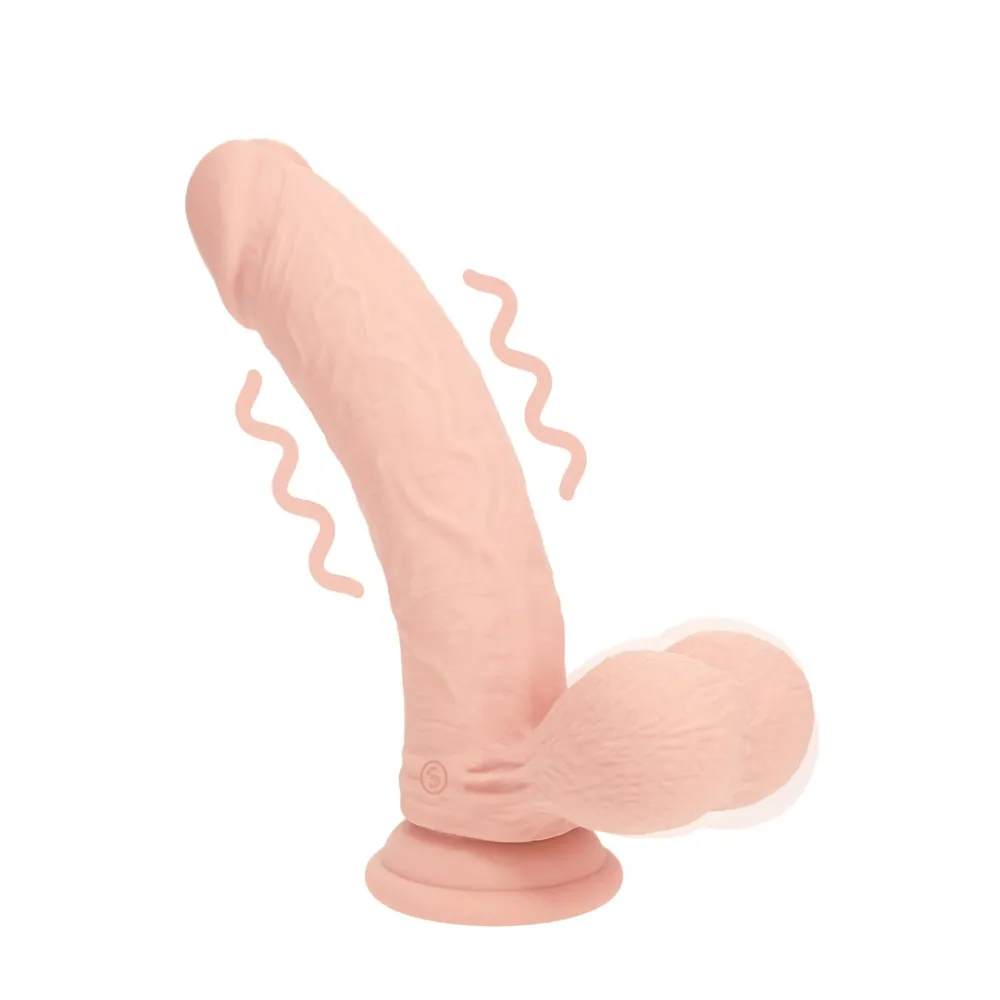 Realistický vibrátor RealRock s varlaty, zakřivený, dvouvrstvý silikon, 18 cm, tělový