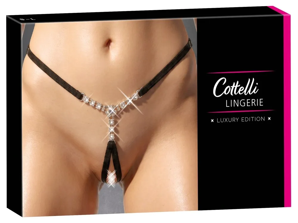 Tanga s otevřeným rozkrokem Cottelli LINGERIE s kamínky, nastavitelná, černá, S-L