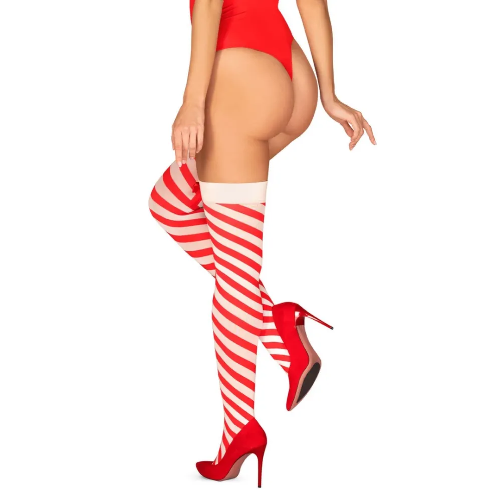 Samodržící punčochy Obsessive Kissmas s mašličkami, červeno-bílé pruhy, L/XL - obrázek 2