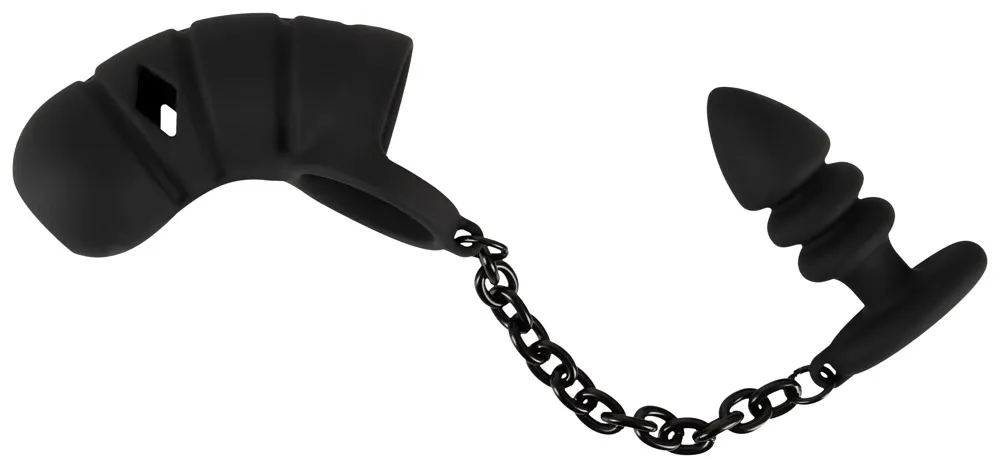 Silikonová klec cudnosti Black Velvets s análním kolíkem a řetízkem, černá, 11,5 cm - obrázek 4